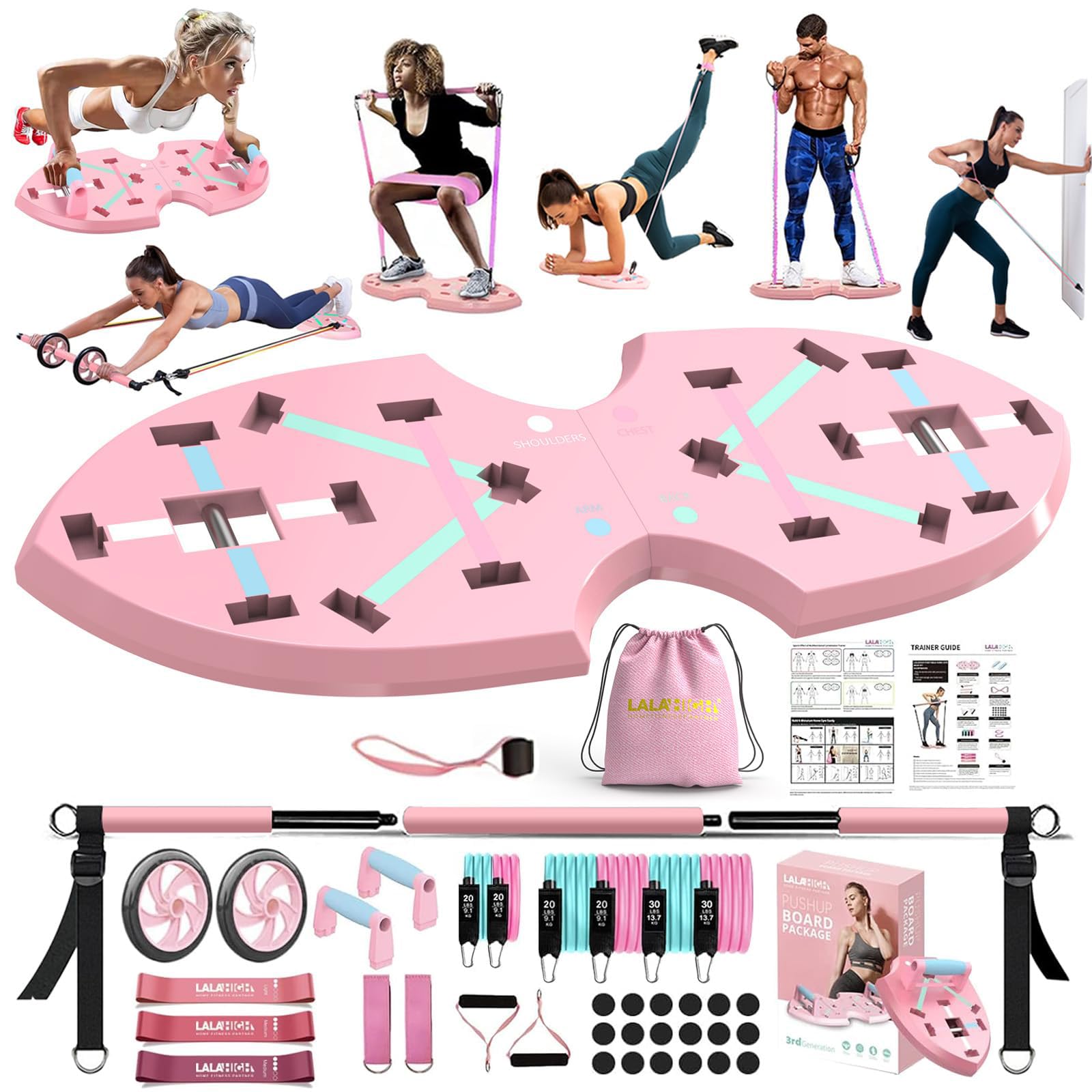 LALAHIGH Home Workout Equipment for Women Multifunction Push Up Board Portable Home Gym System with Resistance BandsAb Roller Wheel and 20 Gym Accessories Professional Strength Training Exercise