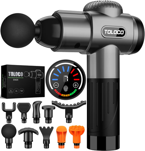 TOLOCO Massage Gun Deep Tissue Back Massager for Athletes with 10 Massage Heads Electric Muscle Percussion Massager for Any Pain Relief FSA and HSA Eligible Grey